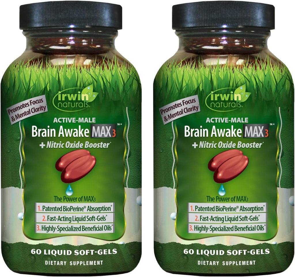 Irwin Naturals Brain Awake Max3 + Nitric Oxide Booster - 60 Liquid Soft-Gels, Confezione da 2 - Support Brain Health & Optimize Performance - 40 Total Servings