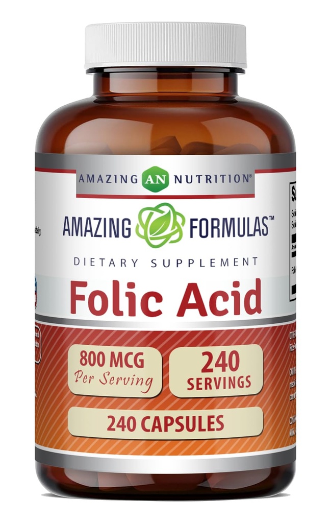 Amazing Formulas Folic Acid (Vitamin B9) 800 Mcg Supplement | Capsules | Non-GMO | Gluten-Free | Made in USA (1 Pack | 240 Count)