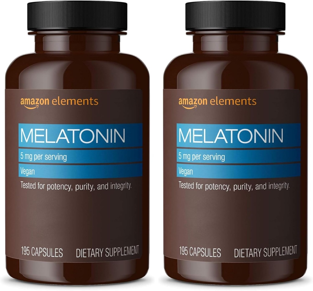 Elementi - Melatonin 5mg capsule, aiuta con occasionale insonnia, Vegan, non aromatizzato, 195 conte (Pack of 2), 6 mesi di alimentazione (Packaging May Vary)
