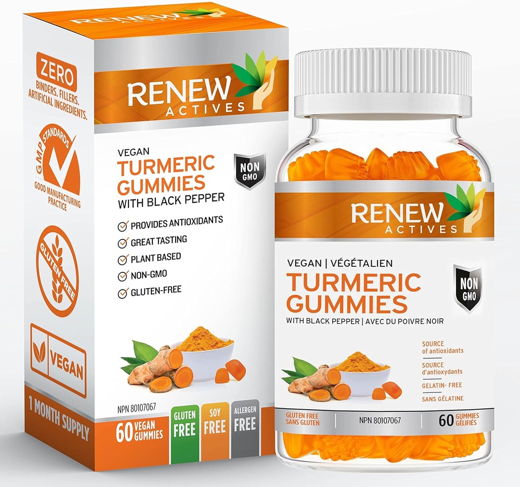 ATTIVA RENEW Vegan Turmeric 130MG per 2 Gummies con pepe nero per l'assorbimento potenziato – Supporto antiossidante & salute immunitaria – Ottimo Tasting, supplemento Easy-to-Swallow, Made in Canada– 60 Gummies
