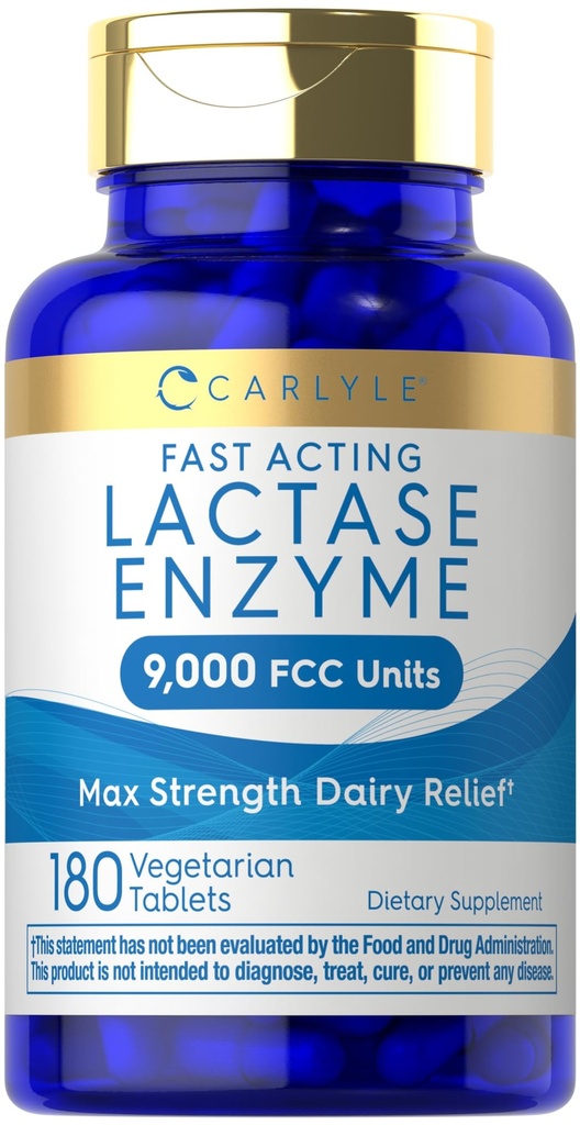 Carlyle Lactase Enzyme Pills 9000 FCC | 180 compresse | Fast Acting Dairy Relief Supplement | Max Strength Support | Non OGM, Gluten Free