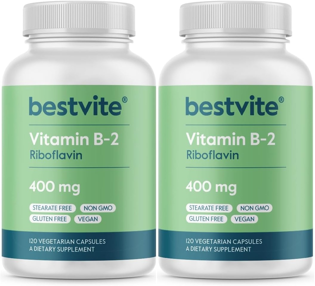 BESTVITE Vitamina B-2 (Riboflavin) 400mg (240 capsule vegetariane) (120 x 2) - No Stearates - Vegan - Non OGM - Gluten Free