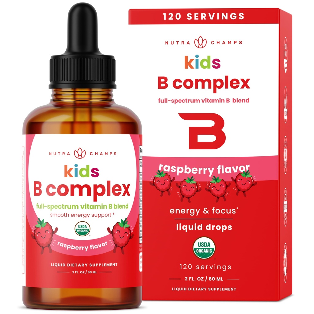 NutraChamps Vitamin B Complex per bambini, B1, B2, B3, B6, B7, B9 & Methyl B12, Bambini B Complex Liquid Drops Supplemento, Energia, Focus, Metabolismo, Berry naturale, 120 Serve, 4 Mese di alimentazione