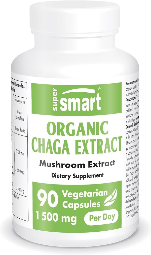 SuperSmart Organic Chaga Extract 1500mg al giorno (High Strength) - Wild & Hand Picked Chaga Mushrooms Supplemento | Non-GMO & Gluten Free - 90 capsule vegetariane