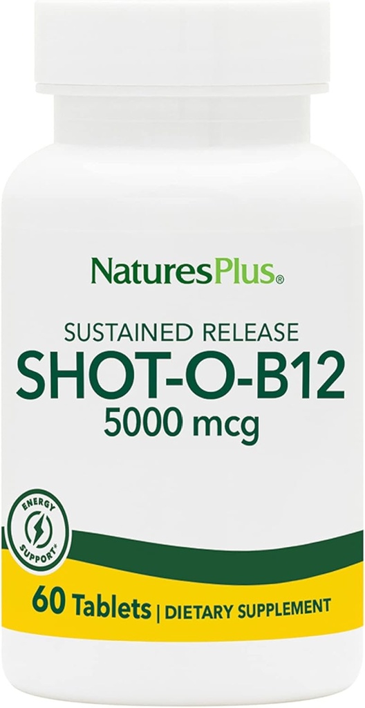 Natures Plus Shot-O-B12 (metilcobalamin), Rilascio prolungato - 5000 mcg, 60 compresse vegetariane - Alta potenza, Veloce B12 Supplemento - Memory & Energy Booster - Gluten-Free - 60 Serve