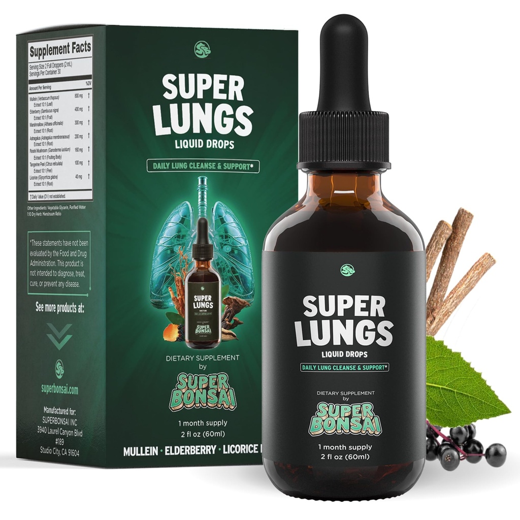 SuperBonsai Super Lungs Mullein Drops – Herbal Lung Support Tintura con Mullein Leaf Extract Elderberry Reishi Marshmallow Root – Supporta il respiro chiaro & benessere – 2 oz