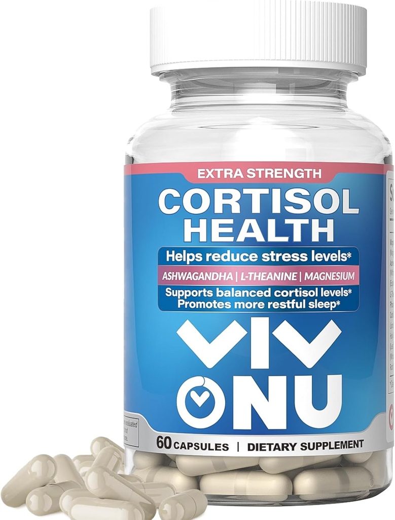 VivoNu Cortisol Salute - Aiuta Sostenere l'energia sana, Equilibrata Cortisol Risposta, Relax & Deep Sleep - Ashwagandha | L-teaina | Magnesio - Non-GMO – 60 capsule