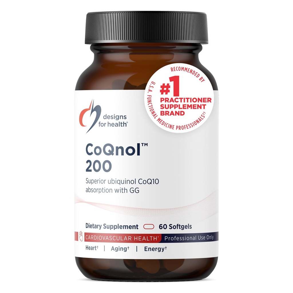 Designs for Health CoQnol 200mg - CoQ10 Ubiquinol con Biodisponibilità Superiore + Tecnologia di assorbimento Esclusiva - Doppia CoenzymeQ10 Boost con GG - Cuore, Affinamento sano + Supporto cellulare (60 Softgels)