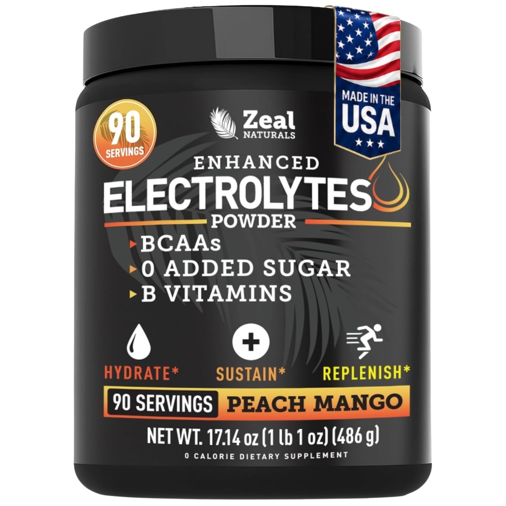 Zeal Naturals Electrolyte Powder Recovery Drink (90 Servings | Peach Mango) w 0 Sugar +BCAAs +B-Vitamins Electrolyte Supplement w Potassium Zinc & Magnesium per l'idratazione - Keto Electrolytes