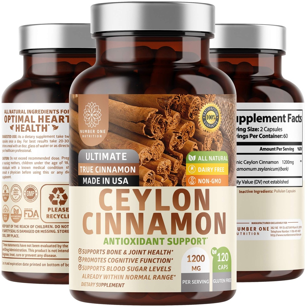 N1N Premium Ceylon Cinnamon 1200mg [100% Organic Ceylon Cinnamon] Integratore naturale per sostenere la Circolazione sana, il cervello e la funzione congiunta, 120 Caps