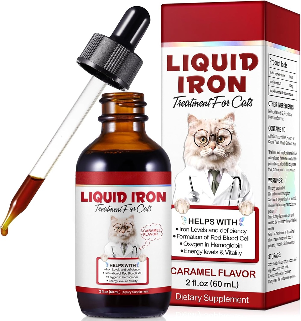 Integratori di ferro per gatti, ferro liquido 60ML con follia e B12 supporta l'anemia, bassi livelli di ernia e letargia, promuove la formazione delle cellule di sangue rosse e la salute del sangue