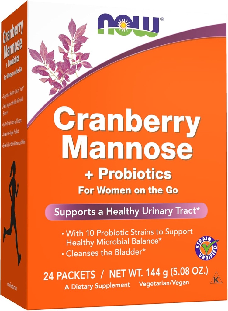 NOW Integratori, Mirtillo Mannoso + Probiotici con una miscela di 10 Probiotici Bacterial Strains, 24/Box