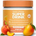 Forgge Energy Booster Super Drink - Caffeina pulita + B12, B6, C & D Vitamine - Polvere di bevanda di energia senza zucchero con elettroliti, aminoacidi, antiossidanti, Lions Mane - Vegan, Keto-Friendly - 30 SVG, Peach Mango