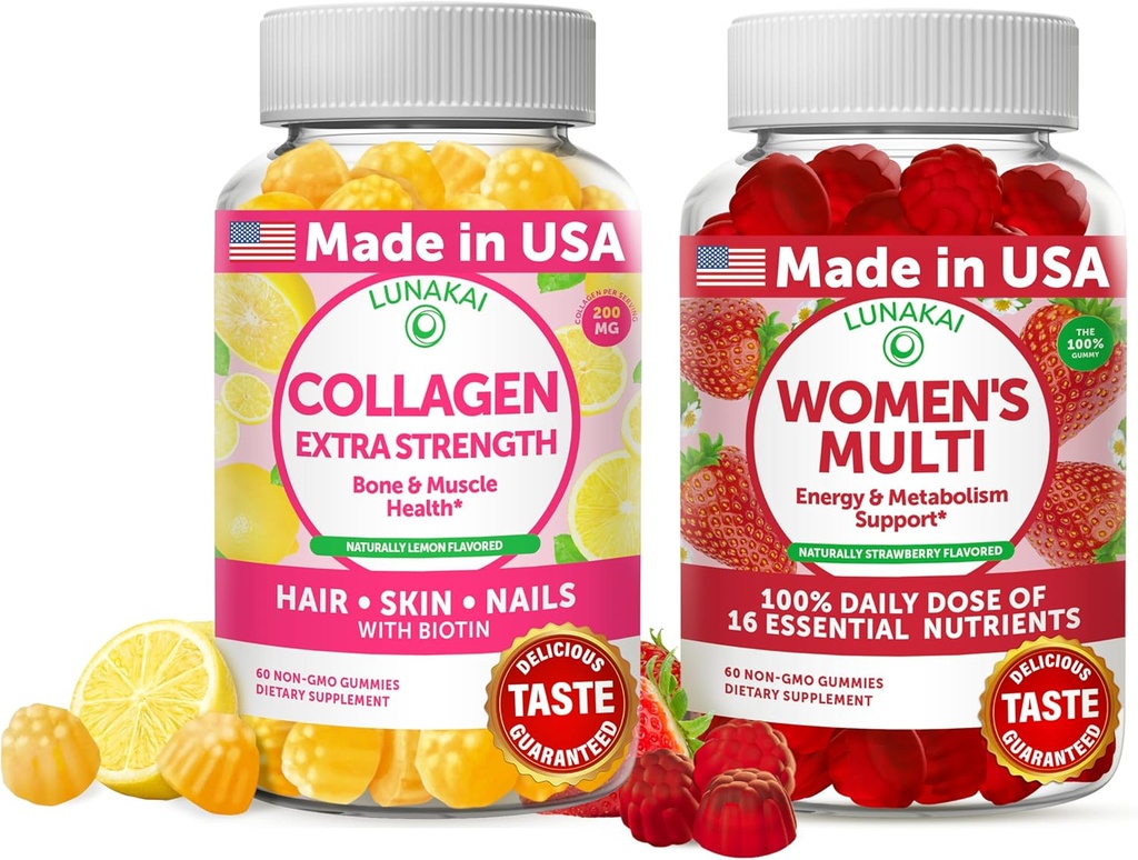 Lunakai Collagen e Multivitamin Gummies Bundle - Integratori Anti OGM con Biotina, Zinco, Vitamina C ed E - 100% Valore giornaliero di 16 vitamine e minerali essenziali - 30 giorni di fornitura