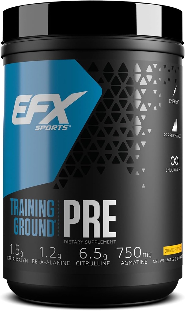 EFX Sports Training Ground Pre Workout Powder | Energy & Muscle Pumps | con Hydromax Glycerol, Citrulline, Beta Alanine | 300mg Caffeina | 20 Servings (Orange Mango)