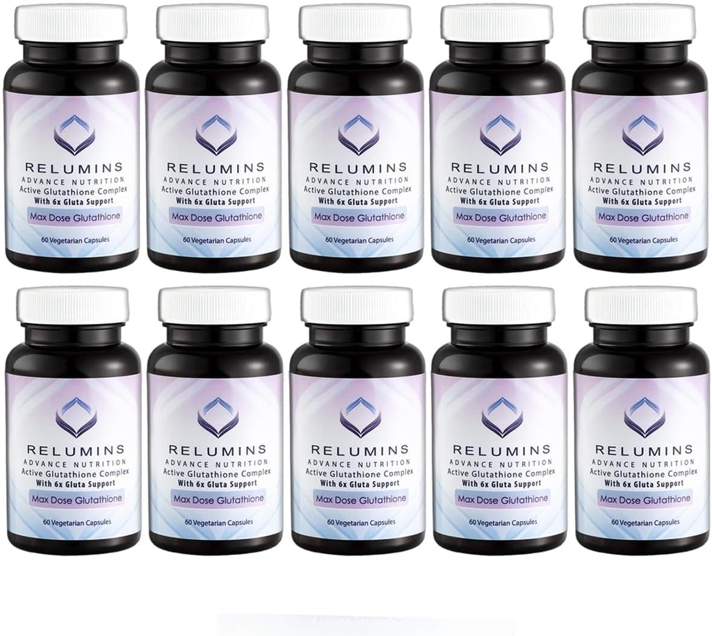 Relumins Advance White Active Glutathione Complex - Max Dose 900mg Glutathione con 6X Boosters, ALA & NAC - Anti-invecchiamento della pelle Brightening Supplement - 60 Caps x 10 bottiglie