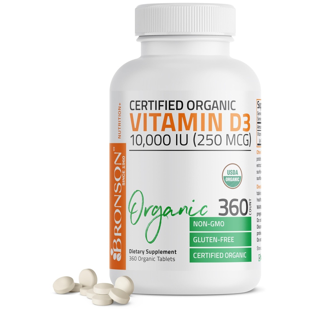 Bronson vitamina D3 10.000 IU (250 mcg) Certificato Biologico ad alta potenza non OGM vitamina D supplemento, 360 compresse