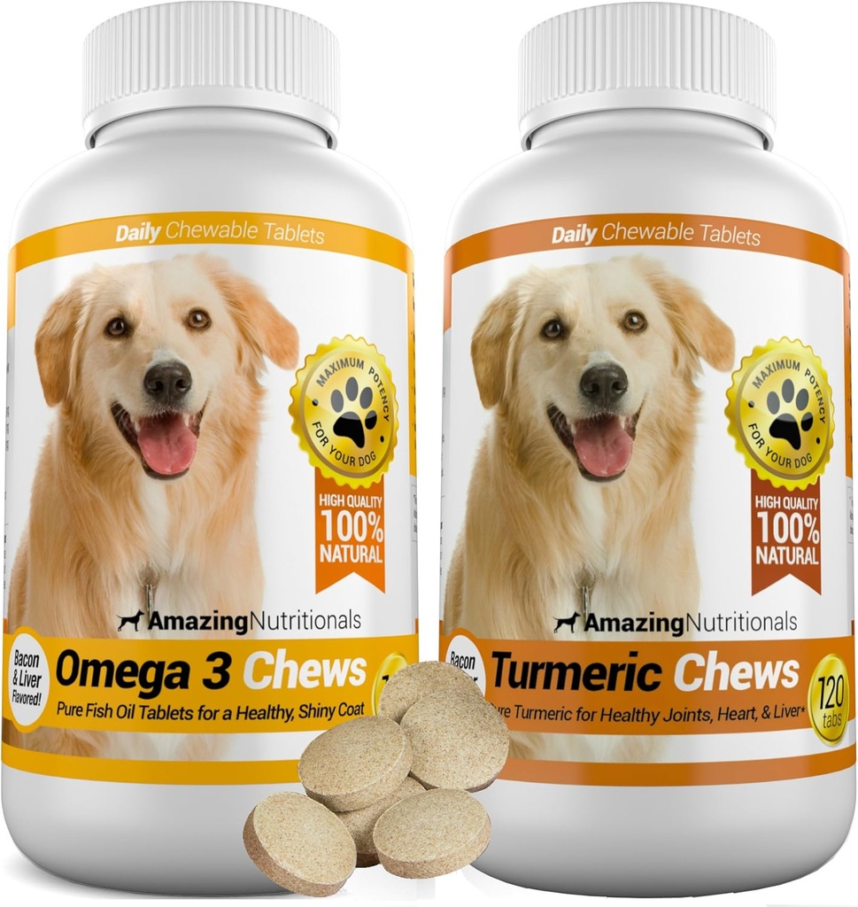 Incredibile Combo Omega-3 Pesce Olio e Curcumina Turmerica per Cani - Pure All-Natural Pet Antiossidante - Promuove Cappotto Shiny, Salute del Cervello, Elimina il Dolore Congiunto, 120 Tasty Chews x 2