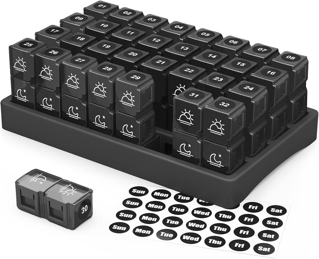 ZIKEE 30 Day Pill Organizer Mensile, Portable One Month Pill Box Case con 32 Twice al giorno AM PM Confronti per Vitamine, Fish Oil, Integratori e Farmaci(Nero