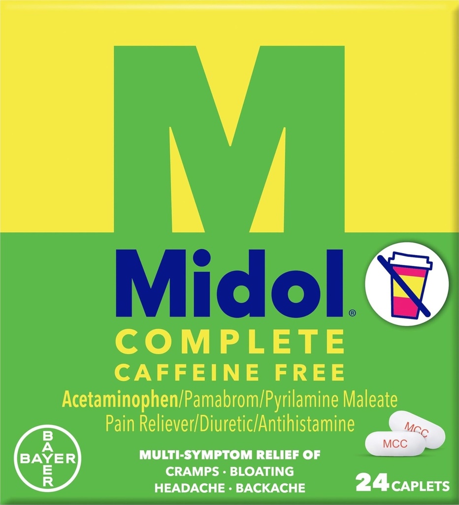Midol Complete Caffeine Free Caplets 24ct: Midol Complete Caffeine Free Menstrual Pain Relief Caplets with Acetaminophen, Fornisce Headache Relief and Period Cramps Relief, 24 Count