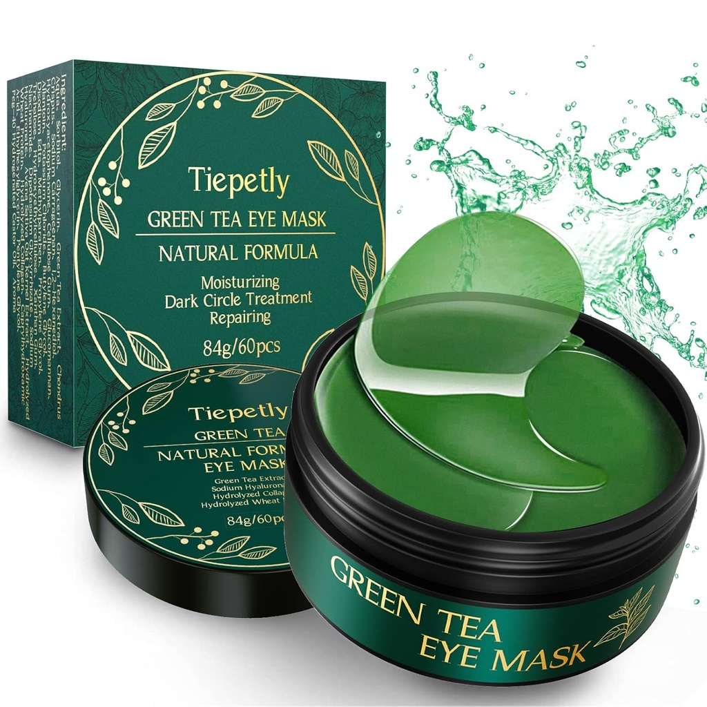Maschere Tiepetly Under Eye con collagene, Patch Green Tea Eye per cerchi scuri e puffiness, Idratazione, Anti Wrinkle, 60 pz