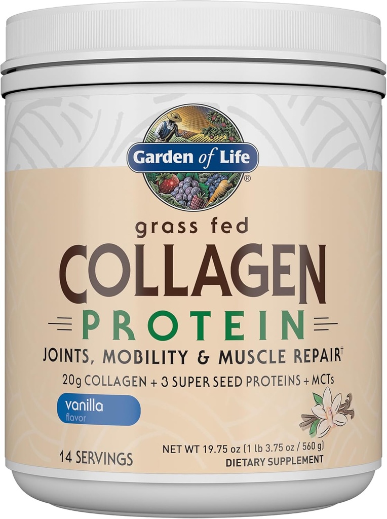 Polvere di proteine del collagene dell'erba del giardino di vita - Vanilla, 14 Serve, polvere per le articolazioni di riparazione del muscolo di mobilità, Peptidi del collagene + Super Seeds + Coconut MCTs, supplemento di Keto