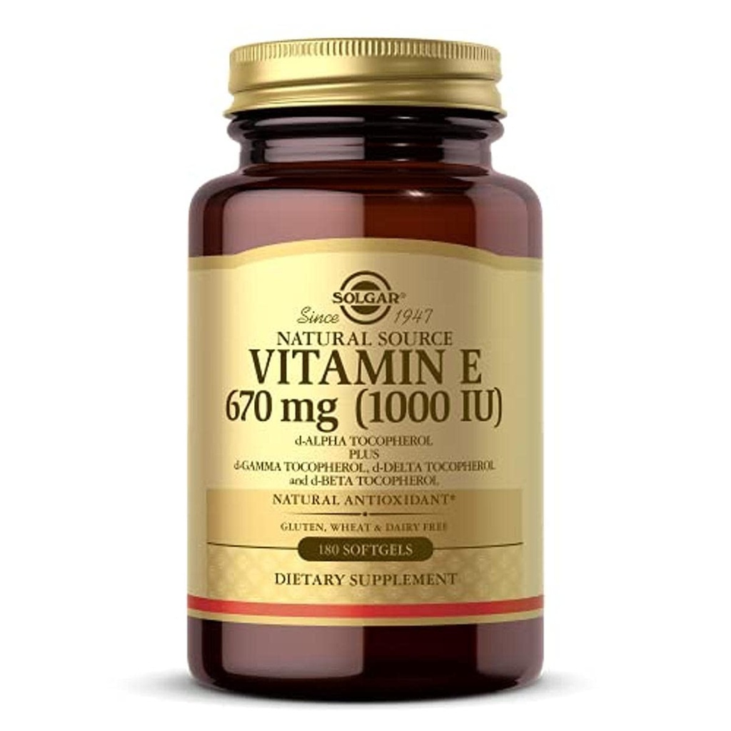 Solgar Vitamin E 670 mg (1000 IU), 180 Softgels - Antiossidante naturale, Skin & Immune System Support - Vitamina E naturale - Gluten Free, Dairy Free - 180 Serve