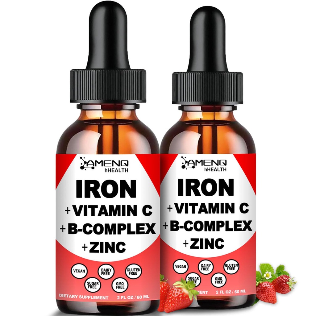 2 Pack Liquid Iron Supplement w/ Vitamina C, A, B-Complex, Vegan Iron Drops ad alta potenza Liquid Vitamina & Iron Supplementi per donne, uomini e bambini -Supporto Red Blood Cell, Energy, Anemia & Fatigue