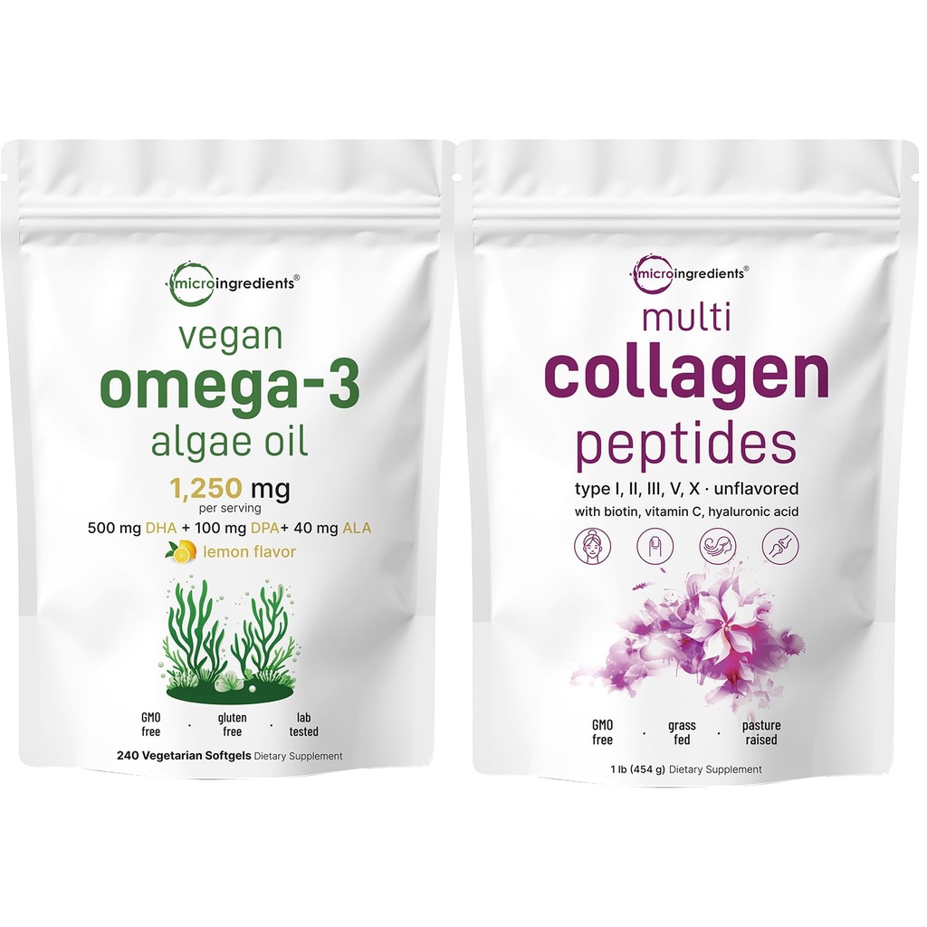 Micro Ingredienti Multi Collagen Protein Powder 16oz & Vegan Omega 3 Algae Olio Supplemento Bundle 2 Pack | Peptidi di collagene di erba-Fed | Omega-3 spettro completo alternativa all'olio di pesce