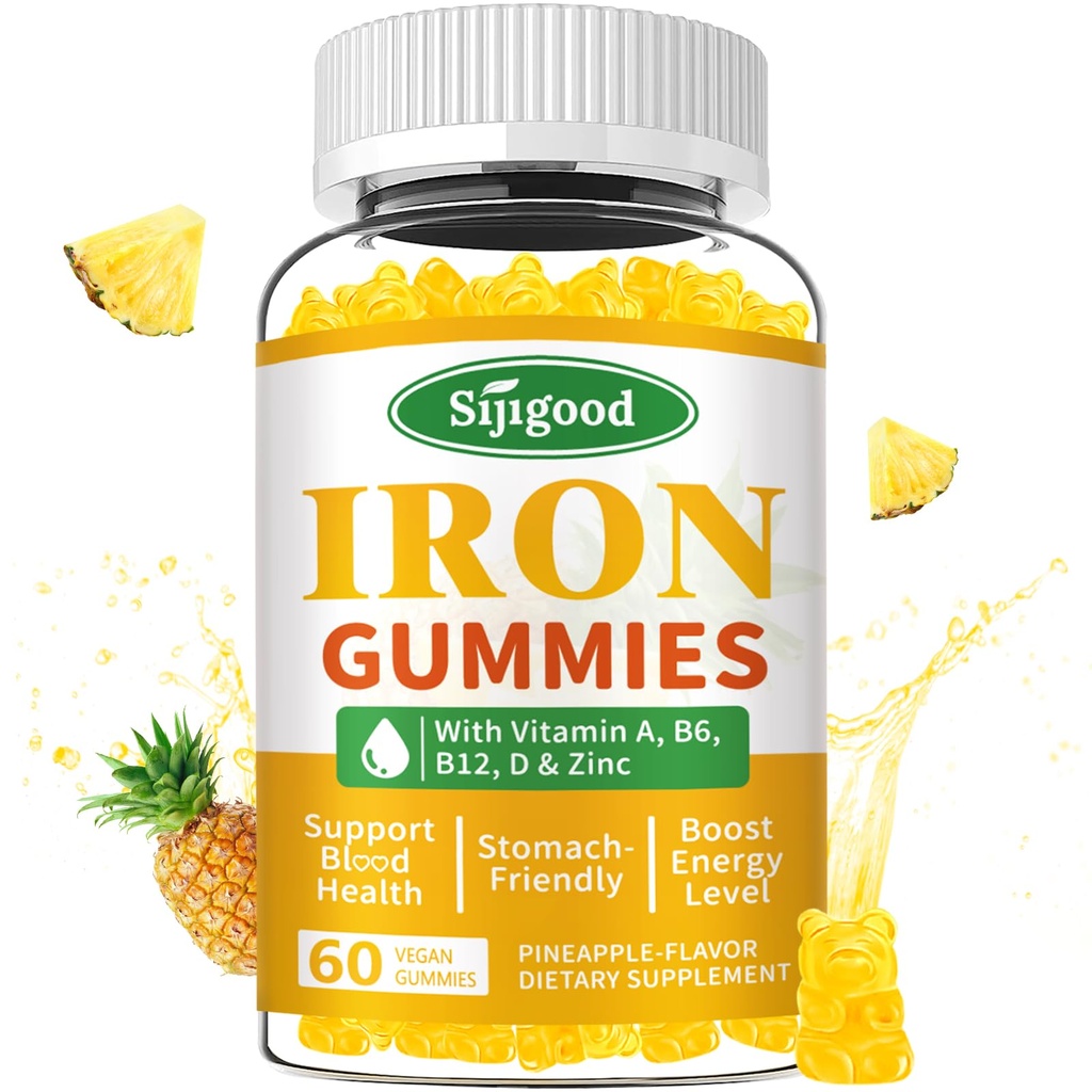 Gummie di ferro per le donne e gli uomini - Supplemento di ferro vegano per l'anemia e la carenza di ferro, con vitamina B12, vitamina C, zinco, follia - Boost di energia, senza zucchero, aroma di ananas, 60 conte