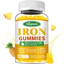 Gummie di ferro per le donne e gli uomini - Supplemento di ferro vegano per l'anemia e la carenza di ferro, con vitamina B12, vitamina C, zinco, follia - Boost di energia, senza zucchero, aroma di ananas, 60 conte