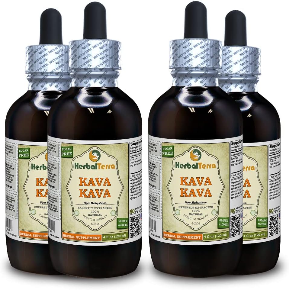 Kava Kava (Piper Methysticum) Tintura, Estratto liquido di radice secca (Nome: HerbalTerra, Proudly Made in USA) 4x4 fl.oz (4x120 ml)