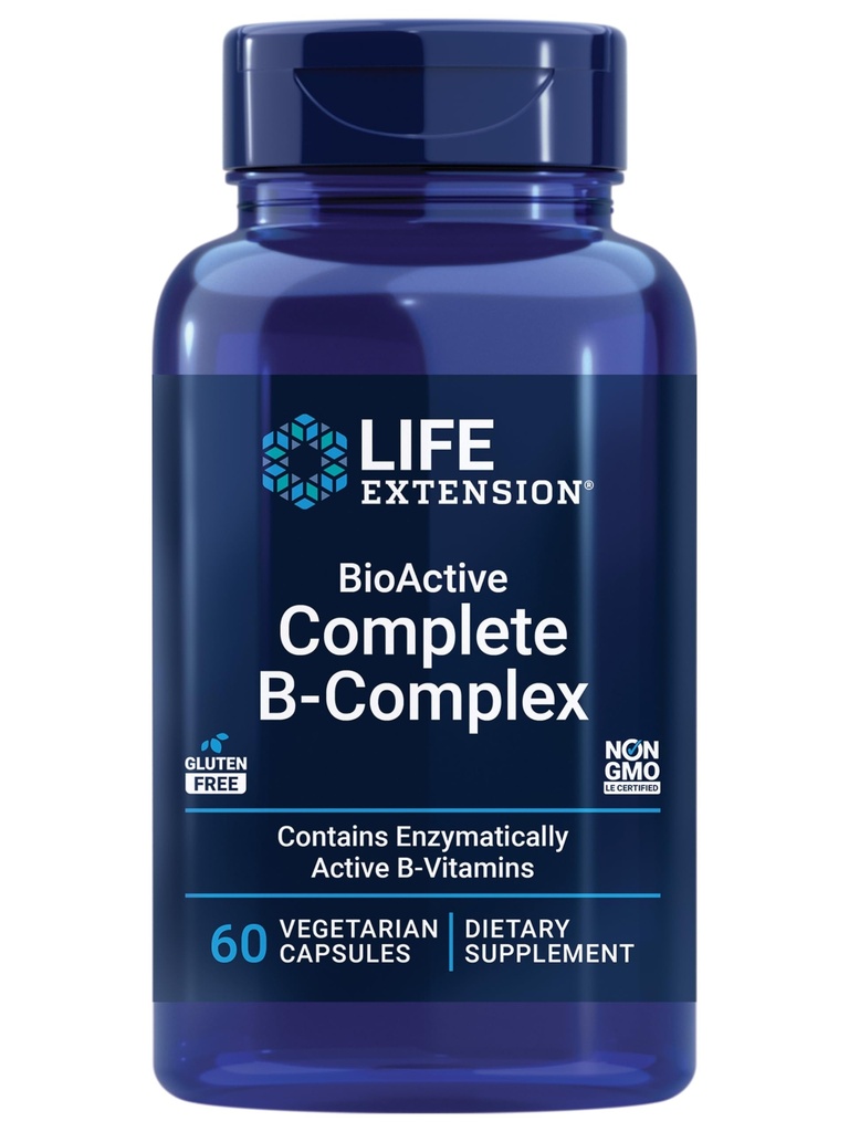 Estensione della vita BioActive B-Complex completo, cuore, cervello e Nerve supporto, energia sana, metabolismo, complesso B completo, 60 capsule vegetariane