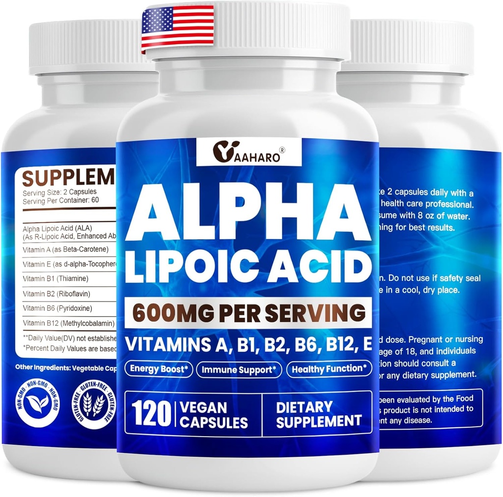Acido lipoico alfa 600mg, ALA Supplemento per l'energia Boost, Supporto immunitario, Funzione sana, e Assorbimento potenziato, R-Alpha acido lipoico con vitamine essenziali, 120 capsule