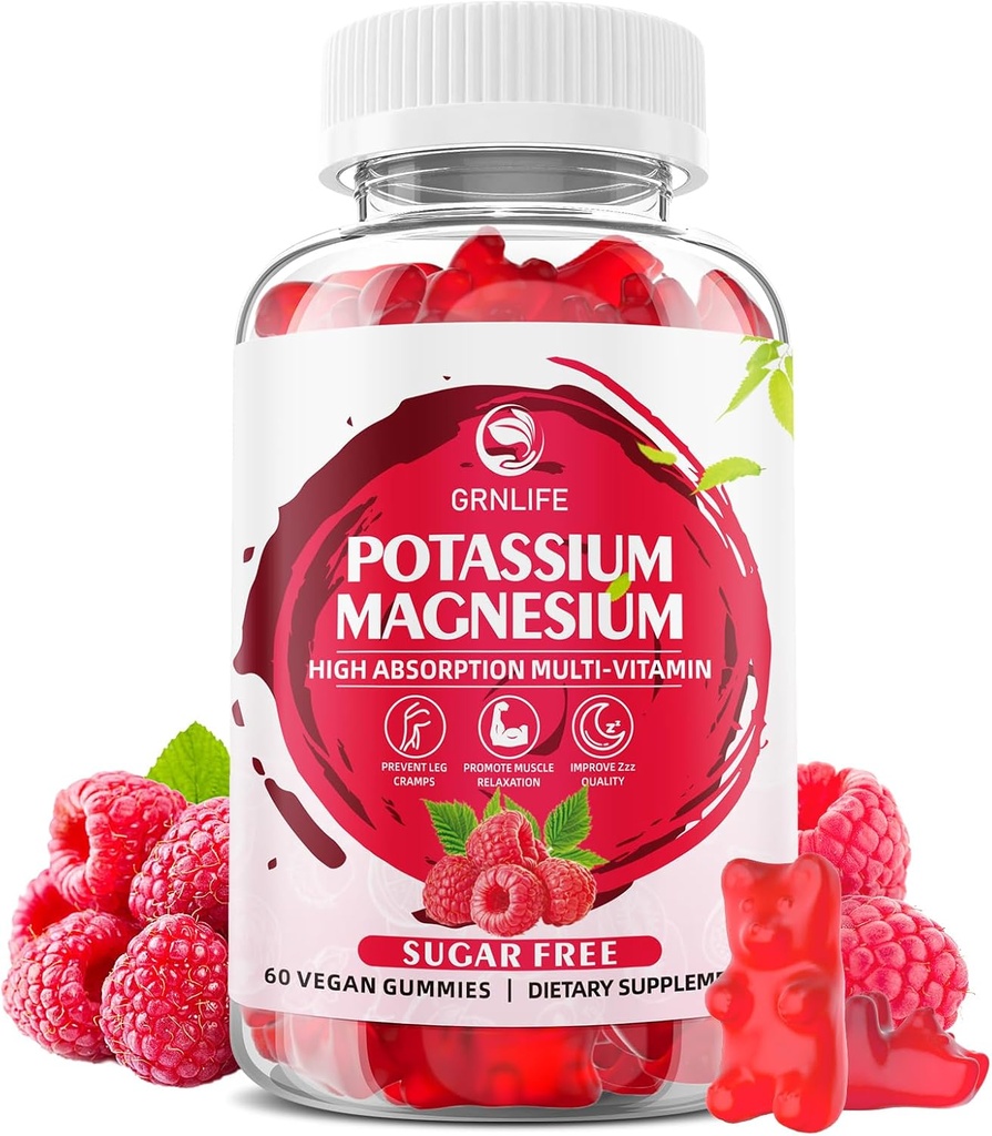 Gummie di Magnesio di potassio, Gummie di potassio per bambini adulti, Glicinato di Magnesio ad alto assorbimento per Crampe di gambe e salute immunitaria, Senza zucchero, Sapori di lampone, 60 Conte