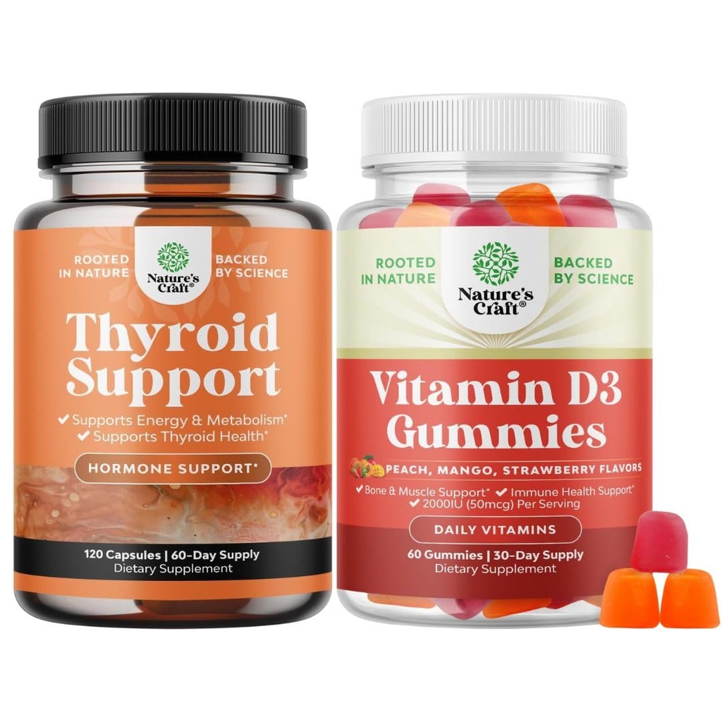 Bundle of Herbal Thyroid Support - Potent Kelp Iodio con L Tyrosine, Bladderwrack, Selenium & Pure Ashwagandha e Vitamina D3 Gummies - Delicious D Adults con 2000IU per Serving for Bone Muscle