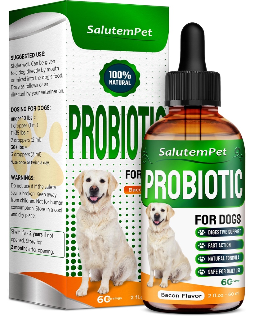 Probiotici per cani | Probiotici liquidi per cani e cuccioli | Prebiotici e enzimi digestivi | Gut Flora Supporto e cura digestiva | Bacon Taste | 2 Oz