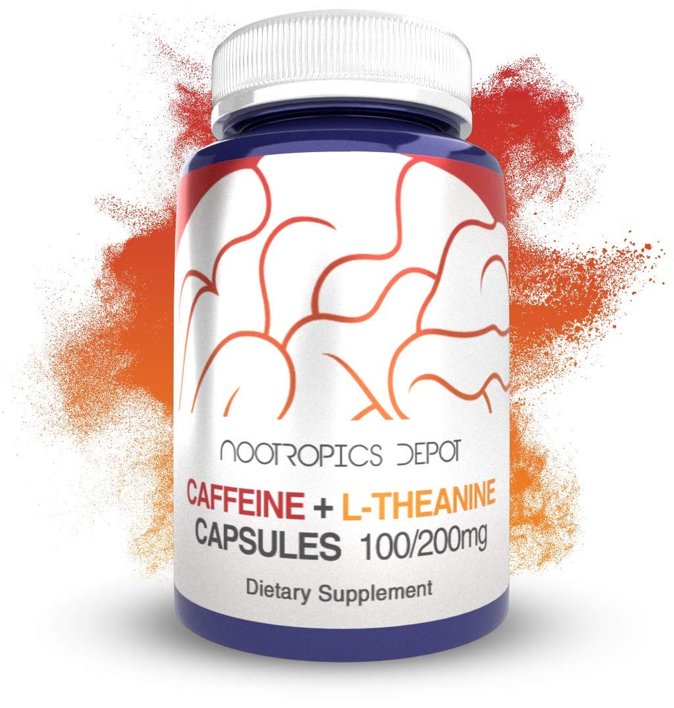 Nootropics Depot Caffeine L-Theanine Capsule | 180 pillole | Contiene 100 mg di caffeina e 200 mg di L-teanina | Booster cervello | Energy Supplement | Aumentare la concentrazione mentale + allerta' |