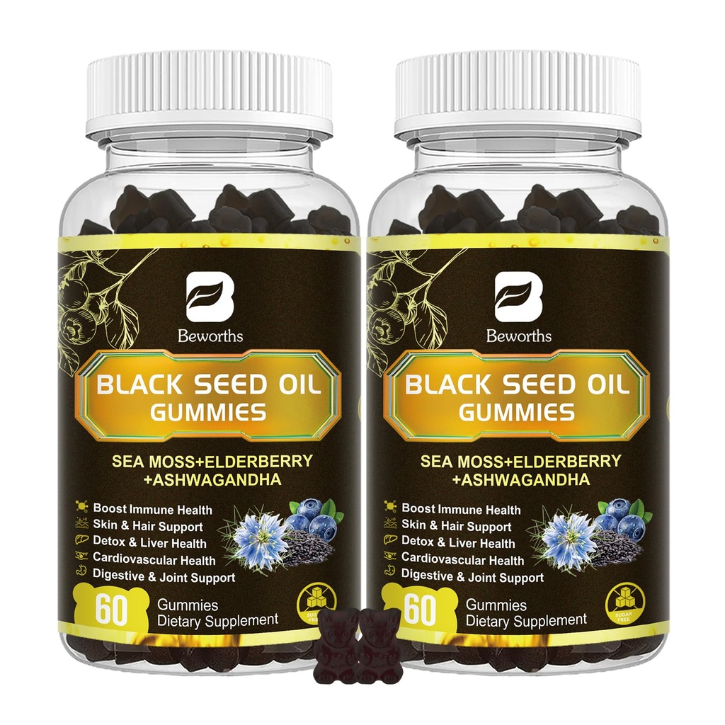 Black Seed olio & Sea Moss Gummies, 2Pack Irish Sea Moss Gummies con olio di semi neri, Estratto di Ashwagandha, Elderberry, Turmeric, Vitamina C, Vitamina D3 - Supporto immunitario, Giunti, Digestione, Capelli e Pelle