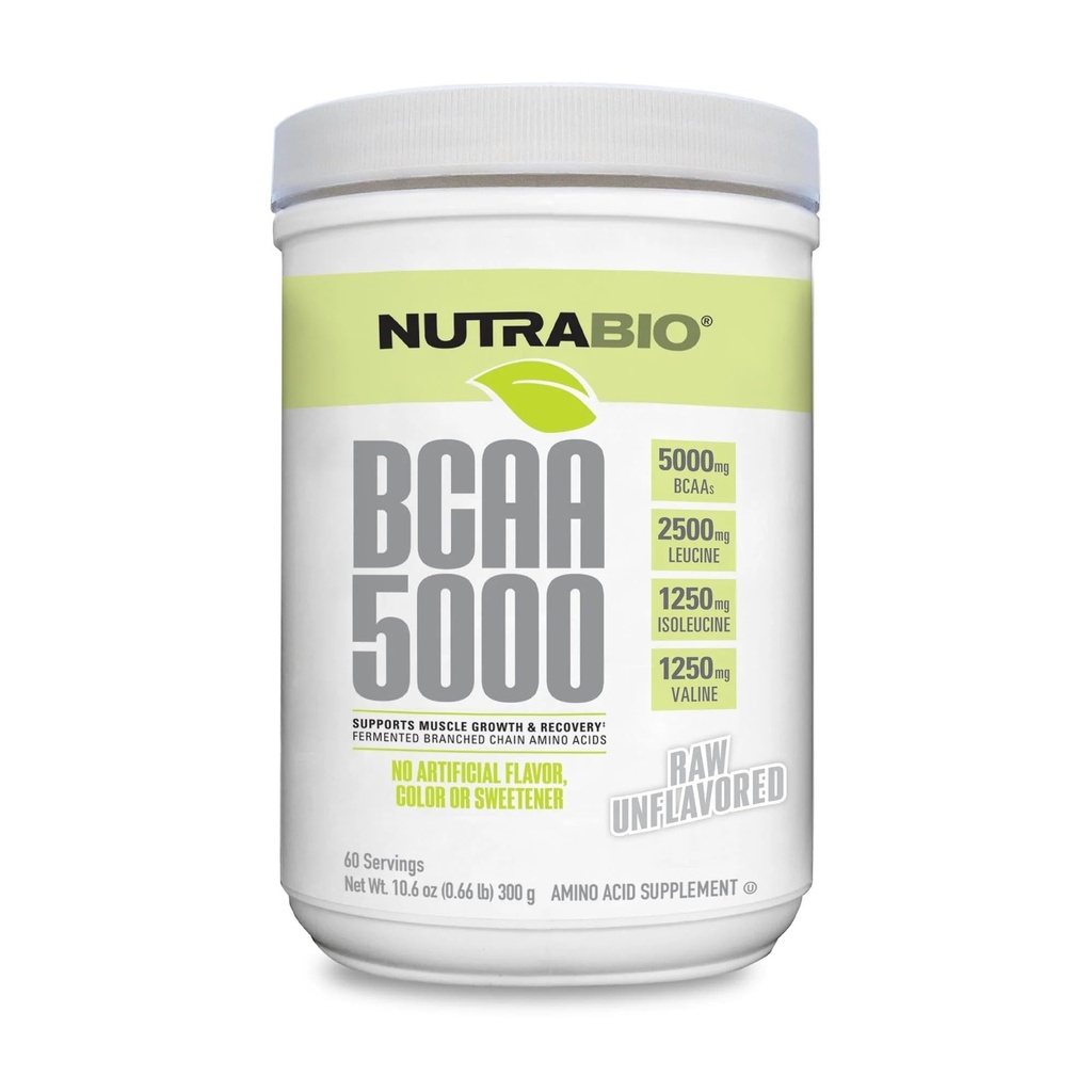NutraBio BCAA 5000 Polvere - Aminoacidi a catena ramificata fermentati per la crescita del muscolo e il recupero - aromi naturali, dolcificanti e colorazione, vegano, senza glutine - non aromatizzato, 60 Serve