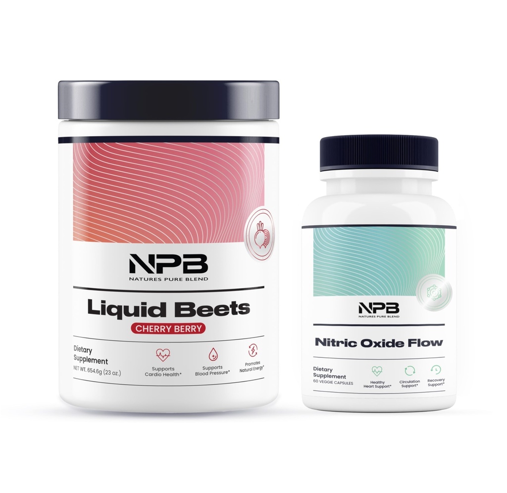 Pure Blend Nitric Oxide Flow & Liquid Beets Bundle - Supporto per la pressione sanguigna, Aumento della circolazione - Polvere di radice di barbabietola organica 8.000mg