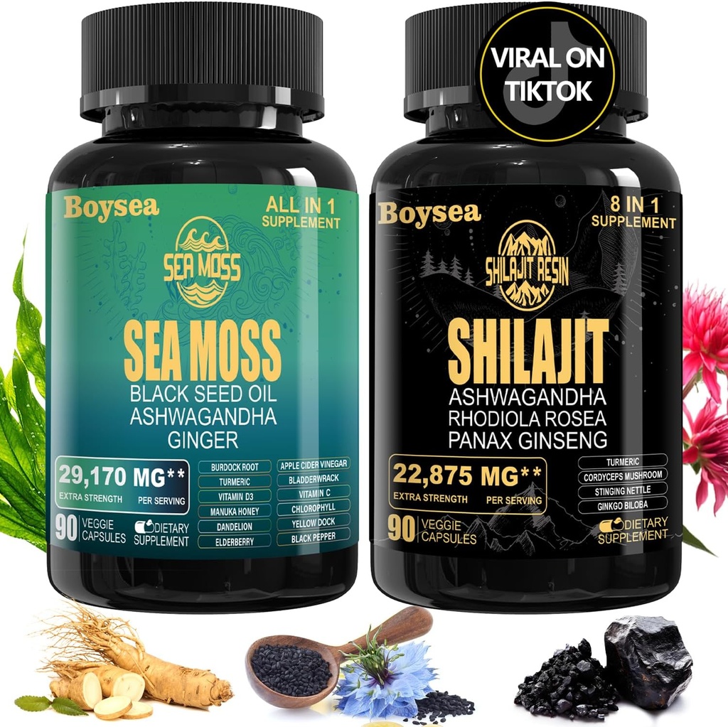Gelooo Superfood Supplemento Bundle - 90 Conta capsule di mare del moss (Sea Moss, olio di semi neri) & 90 conteggio capsule di Shilajit puro (Shilajit, Ashwagandha) -1 Pack