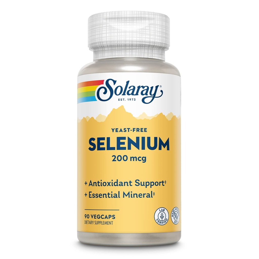 Solaray Yeast Free Selenium 200mcg, capsule di selenio per la funzione sana tiroide e supporto immunitario, supplemento di assorbimento elevato, Vegan, 90 Servings, 90 VegCaps