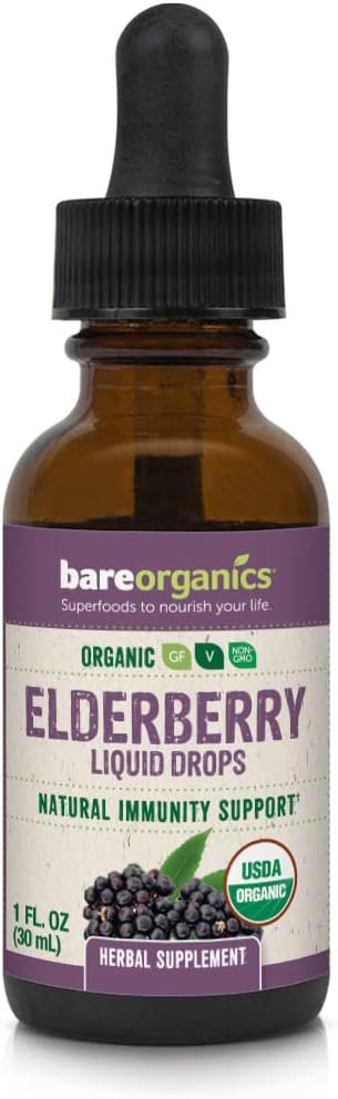 BareOrganics Elderberry Liquid Drops, Herbal Supplement, 1 oncia