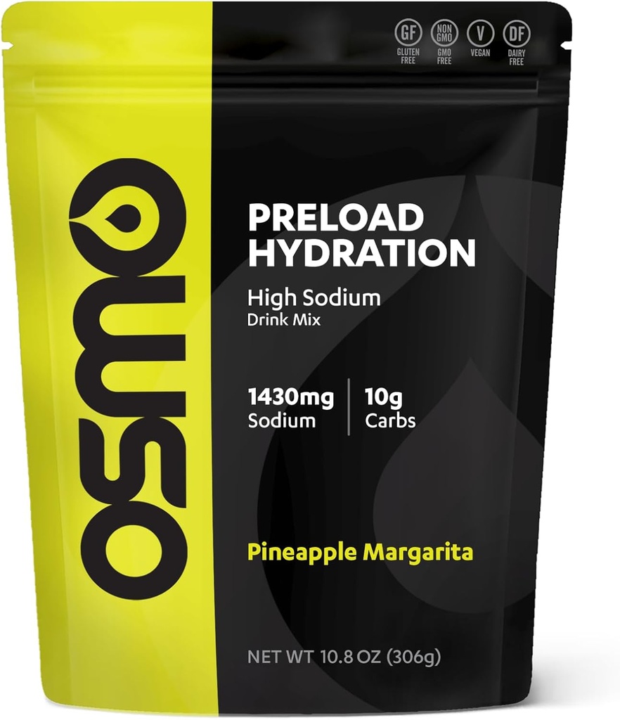 Osmo Preload Hydration Pre Workout Powder Pouch - Include High Sodium Bicarbonate, Magnesium, Potassium, Carbs & Vitamins, Cane Sugar, Beat Cramps & Dehydration - Ananas Margarita (Pouch)