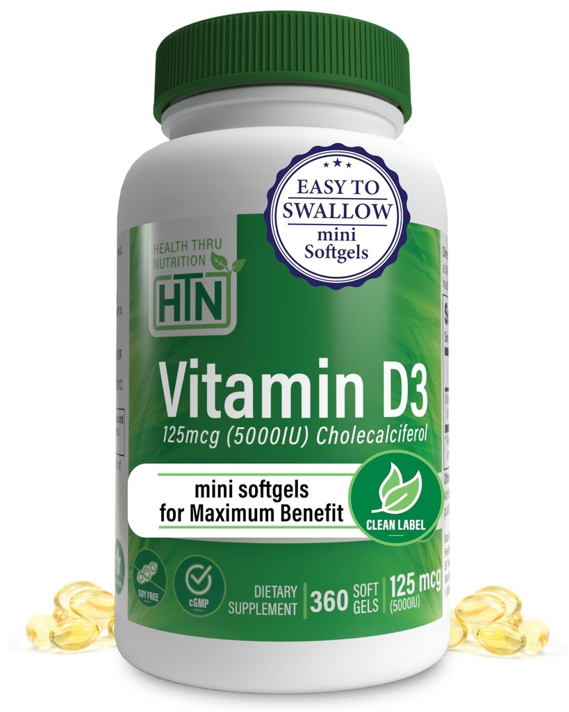 Vitamina D3 5000iu 360 Mini Softgels per l'anno massimo beneficio Alimentazione | 125mcg Cholecalciferol | 3rd Party Testato | Non OGM USP Grado in EVOO organico | Supporto per la salute immunitaria
