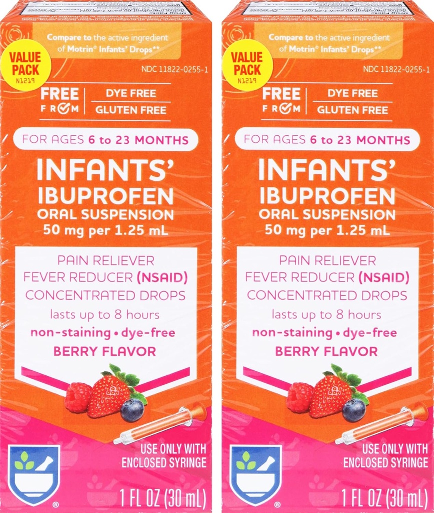 Rite Aid Infants' Dye-Free Ibuprofen Drops, Berry Flavor, 50 mg - 2 Value Pack | Infant Pain Reliever | per i bambini Età da 6 a 23 mesi | Sospensione orale 50 mg per 1.25 mL | Gluten Free