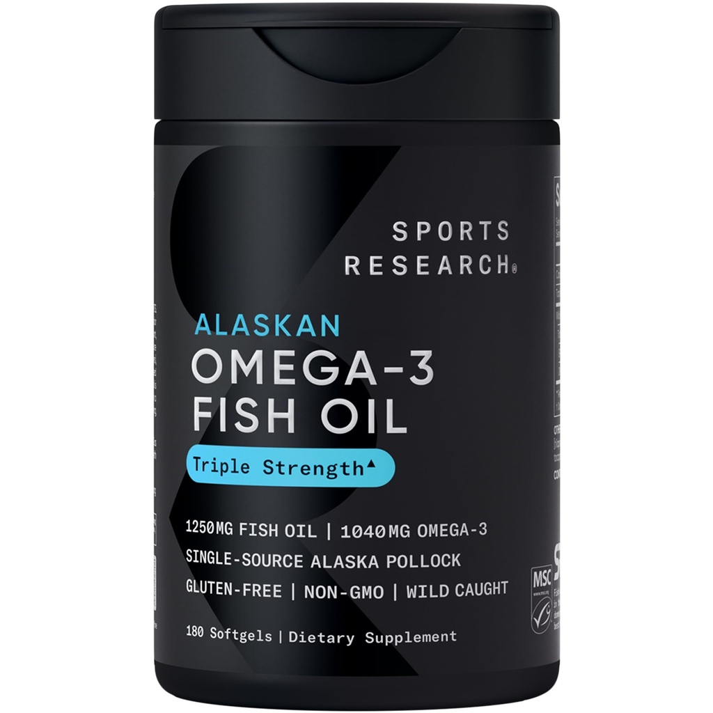 Ricerca sportiva Triple Strength Omega 3 Fish Oil - Burpless Fish Oil Supplement w/EPA & DHA acidi grassi da Single-Source Wild Alaskan Pollock - 1250 mg, 180 ct