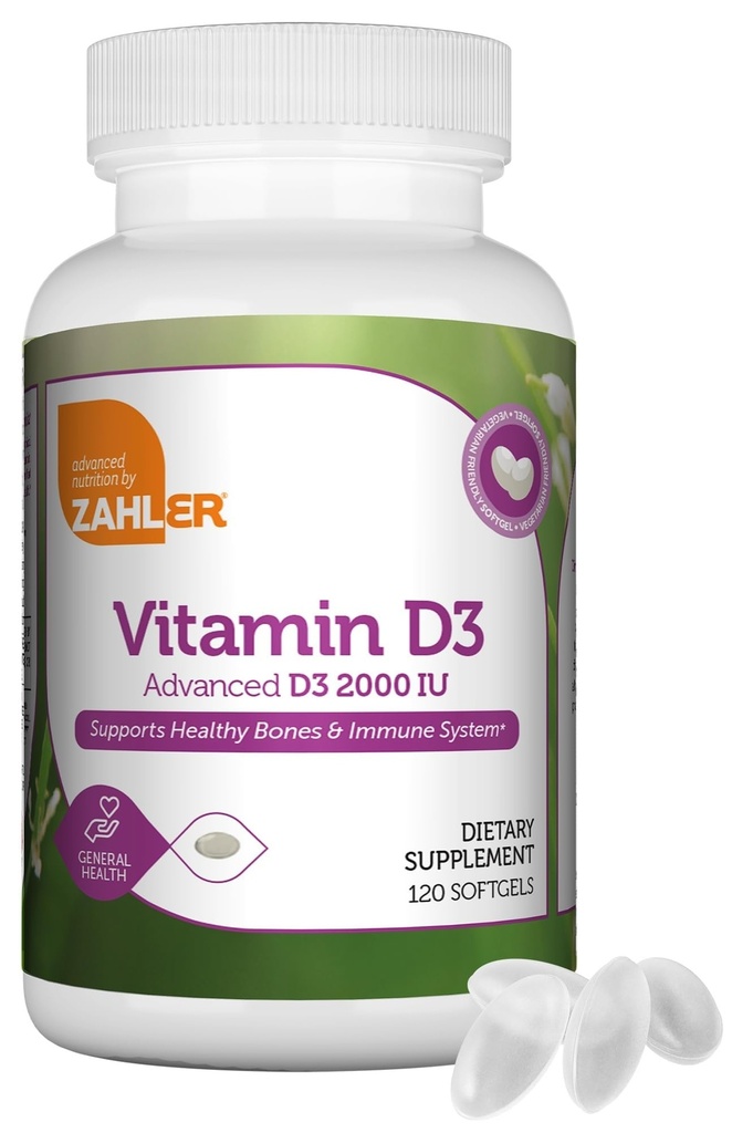 Zahler - Vitamina Avanzata D3 2000 IU Softgels (120 Count) Kosher Vitamina Per vegetariani Amichevole D per il supporto immunitario, Bone, denti &amp; salute del muscolo - Supplemento giornaliero di vitamina D3 per gli adulti - Easy Swallow V