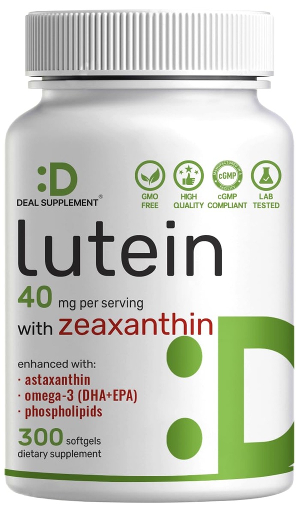 Lutein e Zeaxanthin Supplementi, 40mg Per Serving, 300 Softgels – Plus Astaxanthin, Omega-3s, & Phospholipids – Non-GMO